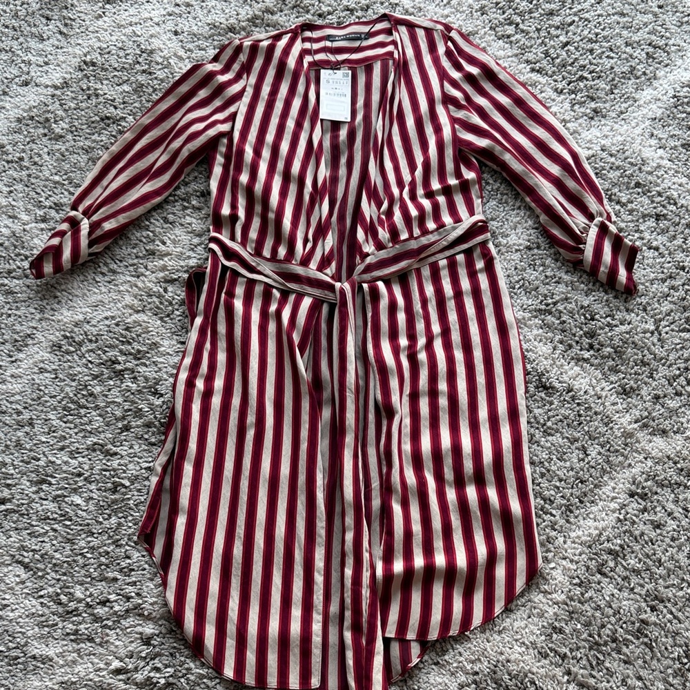 Zara Striped Red White belted side slit shirt dress size small